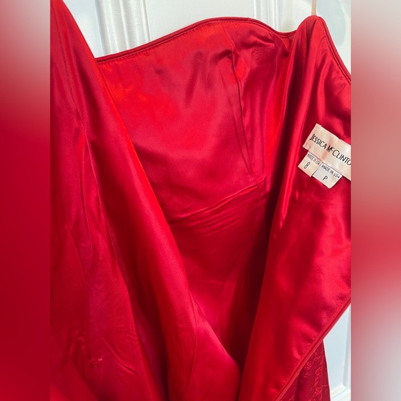 Vintage Jessica McClintock Satin Red Embroidered Strapless Formal Evening Gown - Picture 4 of 4